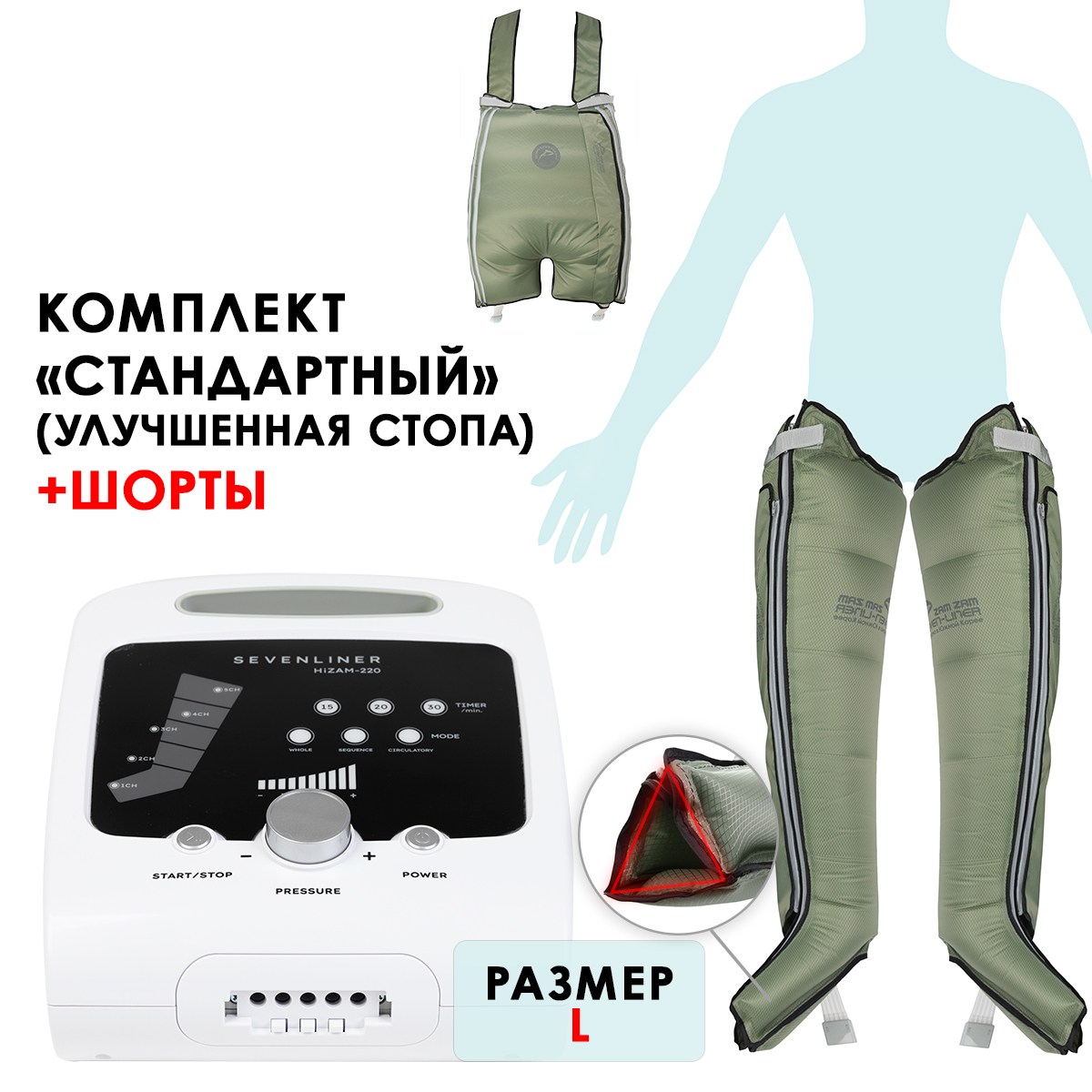 Аппарат для лимфодренажа WelbuTech HiZAM-220 – комплект: треугольная стопа, хаки + шорты